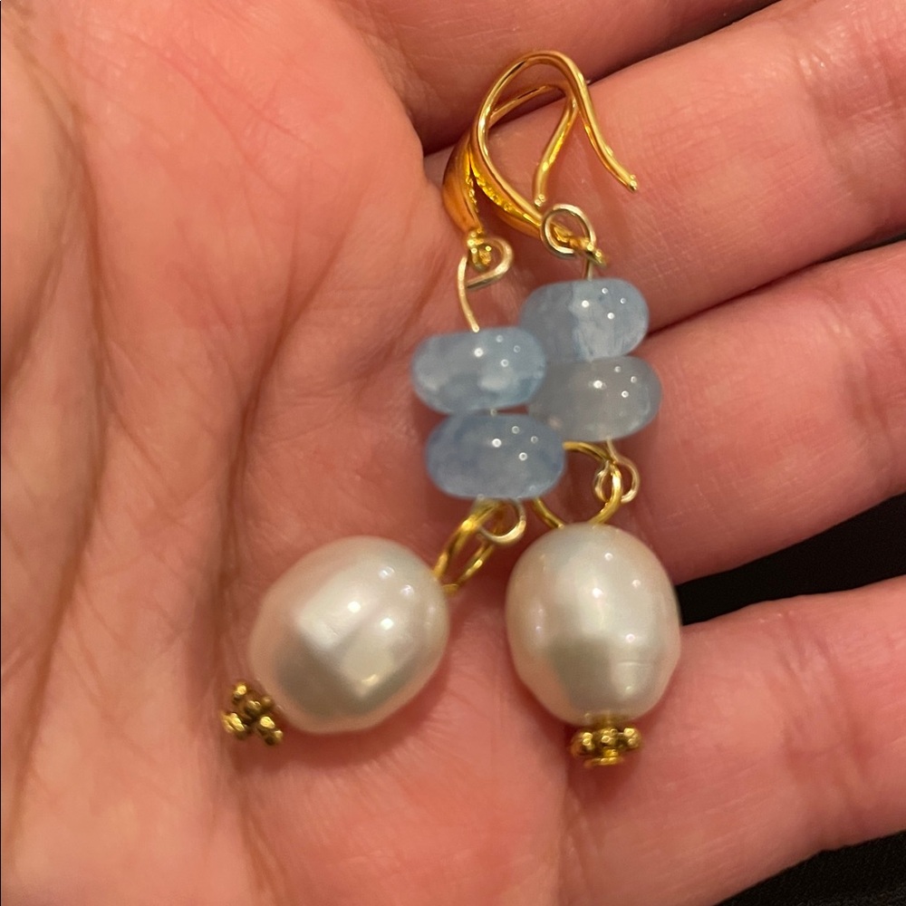 Elegant sterling 925 Gold and aquamarine  Pearl Drop Earrings - Picture 7 of 10